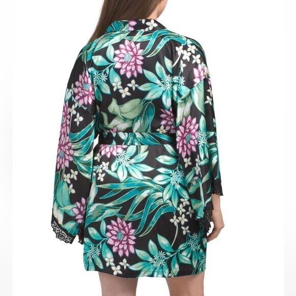 In BloomβM-L-XL Green Pink White Satin Floral Short Kimono Robe - Picture 2 of 4